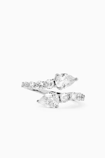 Double-pear CZ Open Ring in Rhodium-plated Brass