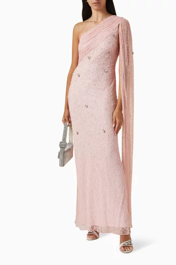 Tonal Embellished One-shoulder Gown in Tulle