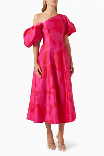 Arista Tulip-sleeve Midi Dress in Linen-blend