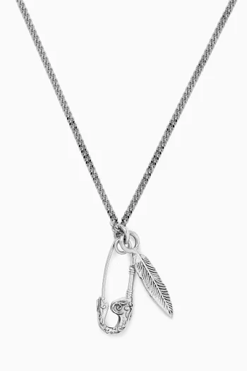 Pin & Feather Pendant Necklace in Sterling Silver