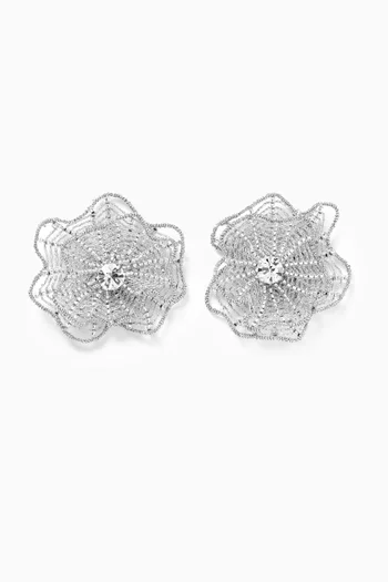 Corded Flower Crystal Stud Earrings in Brass