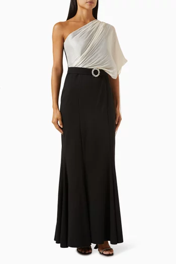 One-shoulder Belted Maxi Dress in Crepe & Tissue Organza