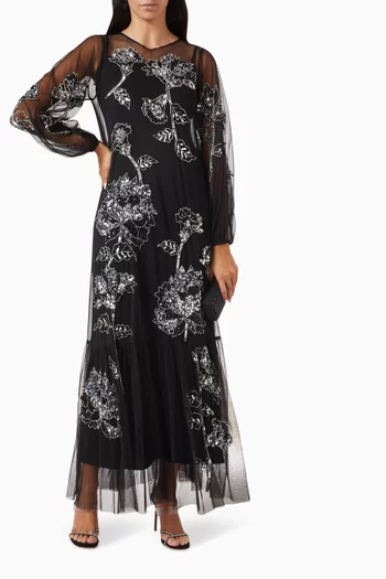 Floral Sequin-embellished Trapeze Maxi Dress in Tulle