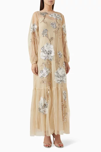 Floral Sequin-embellished Trapeze Maxi Dress in Tulle