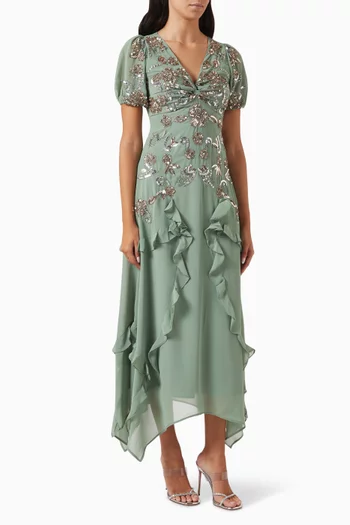 Sequin-embellished Ruffled Midi Dress in Chiffon