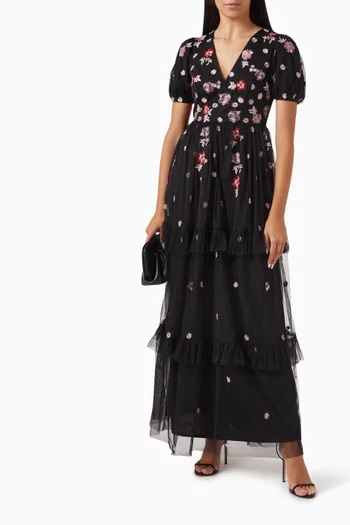 Floral-embroidered V-neck Maxi Dress in Tulle