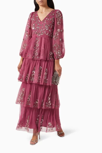 Embellished Long-sleeve Tiered Maxi Dress in Tulle
