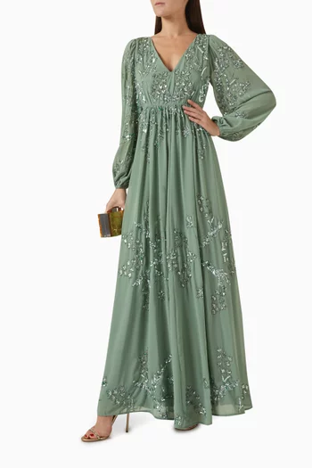 Embellished Long-sleeve Maxi Dress in Chiffon