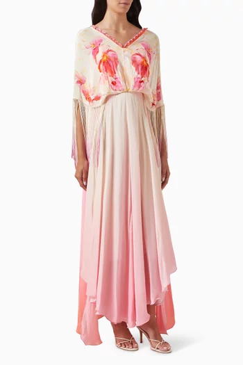 Bauhinia Printed Fringed Ombre Maxi Dress in Viscose-crepe