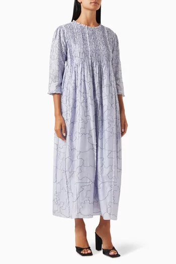 Pintuck Printed Maxi Dress in Silk-chanderi