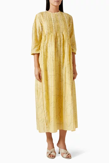 Pintuck Printed Maxi Dress in Silk-chanderi