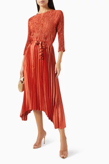 Leona Pleated Midi Dress in Satin