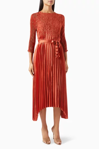Leona Pleated Midi Dress in Satin