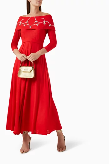 Crystal-embellished Off-shoulder Maxi Dress in Linen