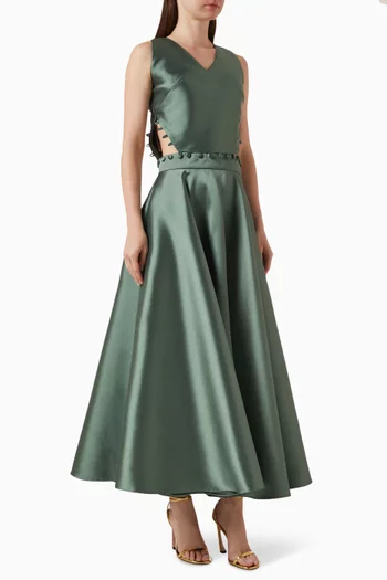 V-neck Button-trim Gown in Mikado