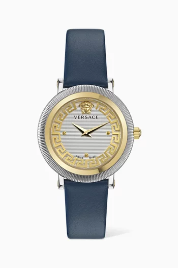 Greca Flourish Quartz Watch in Stainless Steel & Leather, 35mm