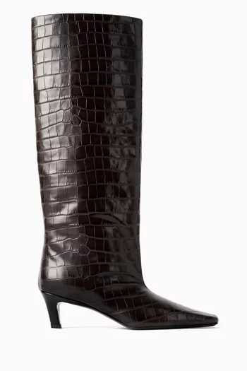 حذاء بوت بتصميم ساق عريضة جلد بنقشة جلد التمساح