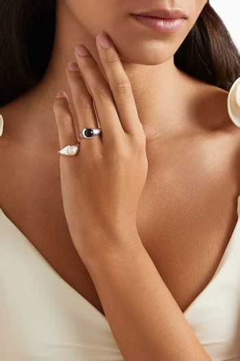 Dualism Onyx & Freshwater Pearl Set of 2 Rings in Sterling Silver