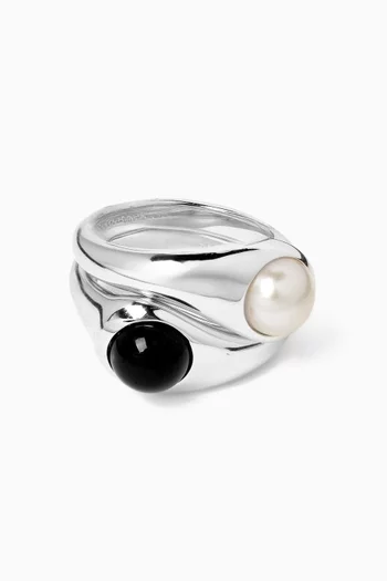 Dualism Onyx & Freshwater Pearl Set of 2 Rings in Sterling Silver