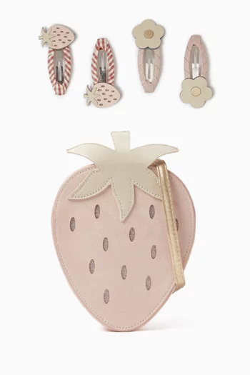 JG STRAWBERRY SHAPED PRINTED CROSS BODY BAG WITH 4PC RIBBON CLIC CLACS SET:Light/Pastel Pink:One Size|217364977