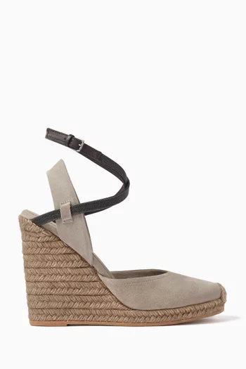 Monili-embellished Suede Wedge Sandals