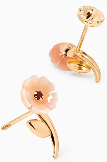 Flower Mother of Pearl Ruby Earrings in 18kt Yellow Gold