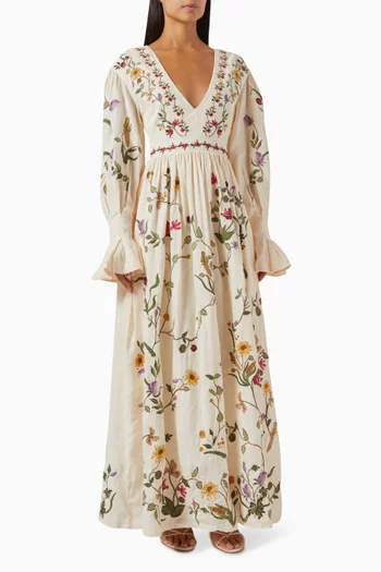 Bosque Embroidered Maxi Dress in Linen