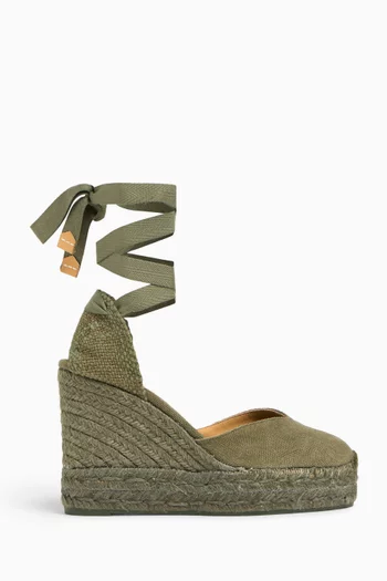 CHIARA C/8ED WEDGE IN TONAL RAFFIA HEEL AND WRAP AROUND ANKLE FABRIC STRAP WITH CLOSED TOE DETAIL:DARK GREEN:37|217403165