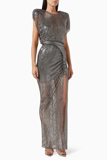 JEM GOWN- HAND SEWN PREMIUM GARMENT, CRYSTAL STONE MESH GOWN WITH STITCHED WAISTBAND, JEWEL SUSPENDER DETAIL & SHOULDER ACCENTS:Silver:6|217412054
