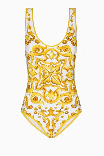 Majolica-print Racing One-piece Swimsuit in Stretch Nylon