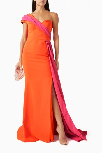 Colour-block One-shoulder Maxi Dress