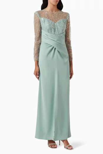 Embellished Draped Maxi Dress in Lace & Crepe