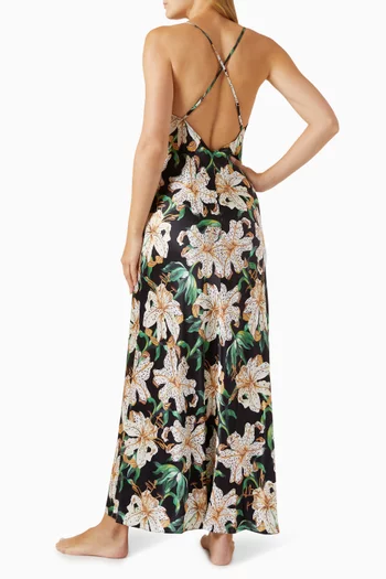 Lilium-print Slip Night Dress in Silk