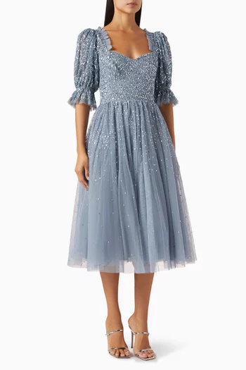 Embellished Frill Midi Dress in Tulle