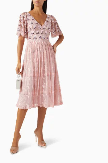 Floral-embellished Midi Dress in Tulle