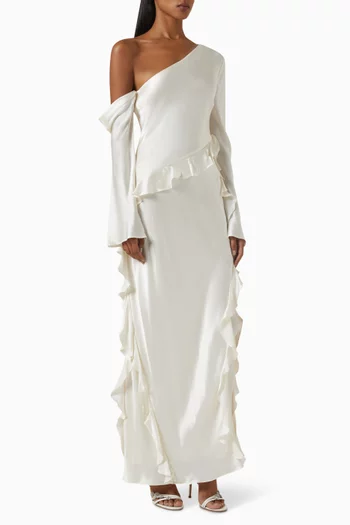 Louella Asymmetrical Ruffle Maxi Dress in Silk