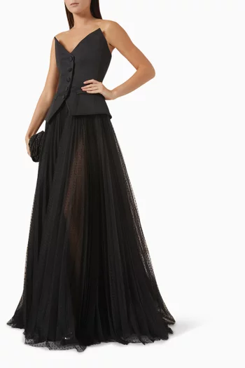 Mixed Media Strapless Tulle-skirt Gown
