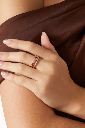خاتم نور مرصع بأحجار ياقوت مستطيلة وماس ذهب وردي عيار 18