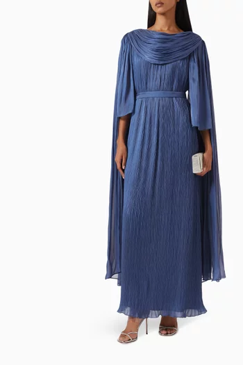 Belted Cape-sleeve Maxi Dress