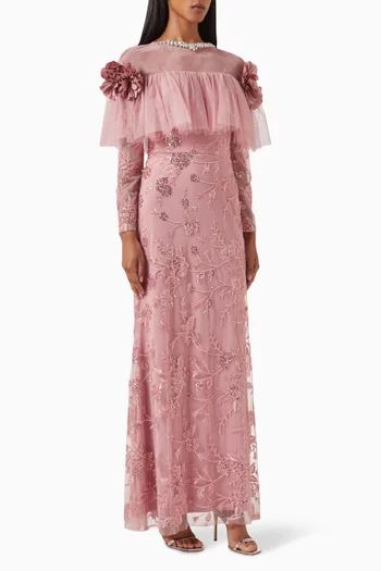 Floral-appliqué Sequin Maxi Dress in Tulle