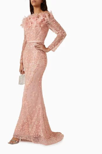 Off-shoulder Embroidered Feather Gown