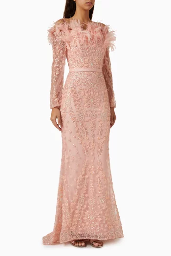 Off-shoulder Embroidered Feather Gown