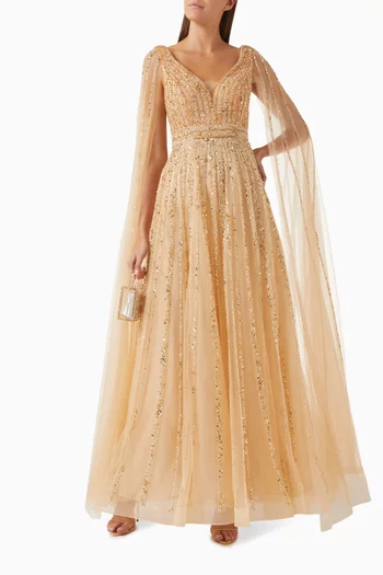 Cape-sleeves Embellished Gown in Tulle