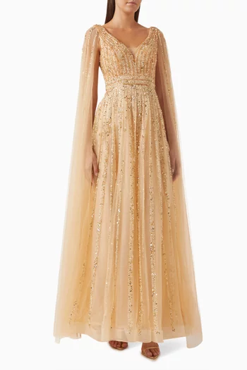 Cape-sleeves Embellished Gown in Tulle