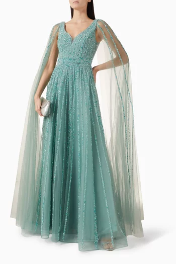 Cape-sleeve Embellished Gown in Tulle