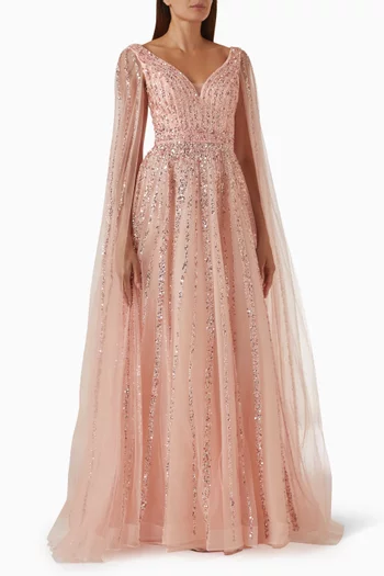 Cape-sleeve Embellished Gown in Tulle