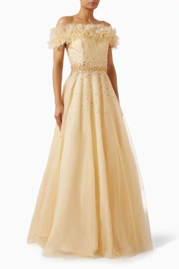 Embellished Off-shoulder Gown in Tulle