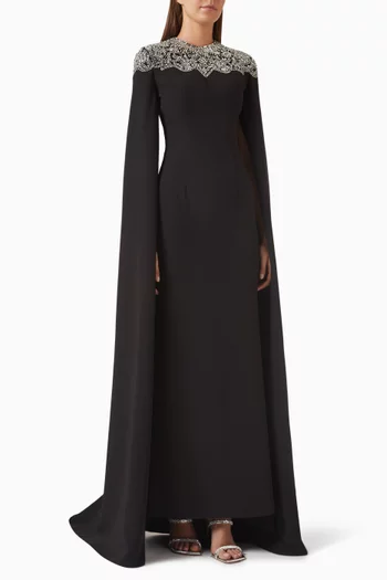 Embellished Sleeve Gown in Crepe