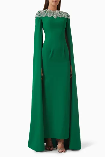 Embroidered Neckline Gown in Crepe