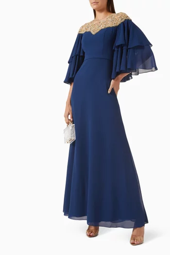 Embroidered Neckline Maxi Dress in Chiffon